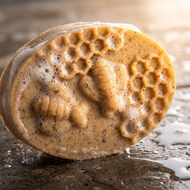 Rich Foaming Lather of Zenvio Frankincense Soap Bar Close-up of activated Zenvio Frankincense Glow Soap creating a creamy, dense lather over embossed bee and honeycomb details.