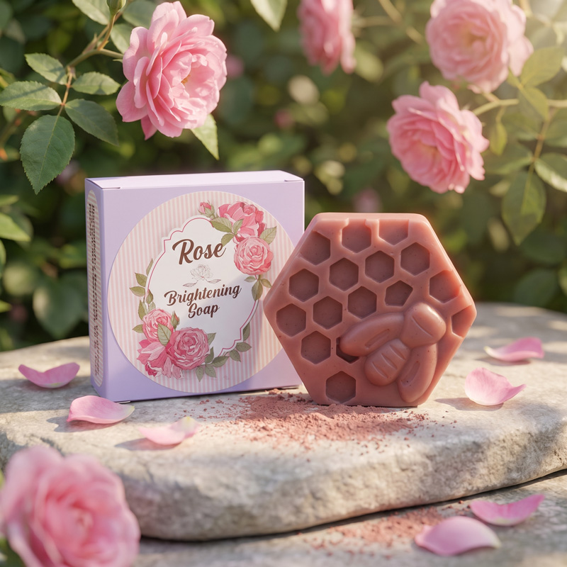 Zenvio Naturals Rose Brightening Soap Hero Shot Zenvio Naturals Rose Brightening Soap bar and its pastel purple box displayed on a stone surface, surrounded by blooming pink garden roses and fallen petals.