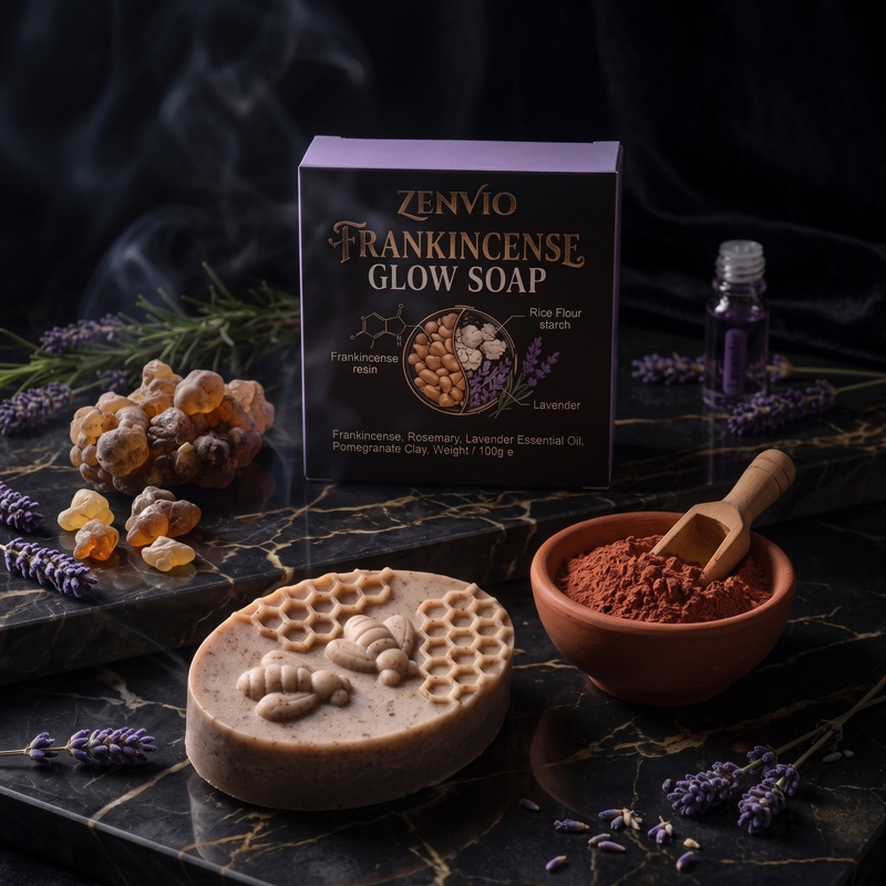 Zenvio Frankincense Glow Soap on Dark Marble Setting Zenvio Frankincense Glow Soap bar and black packaging box arranged with aromatic frankincense resin, clay, and lavender on black gold-veined marble.